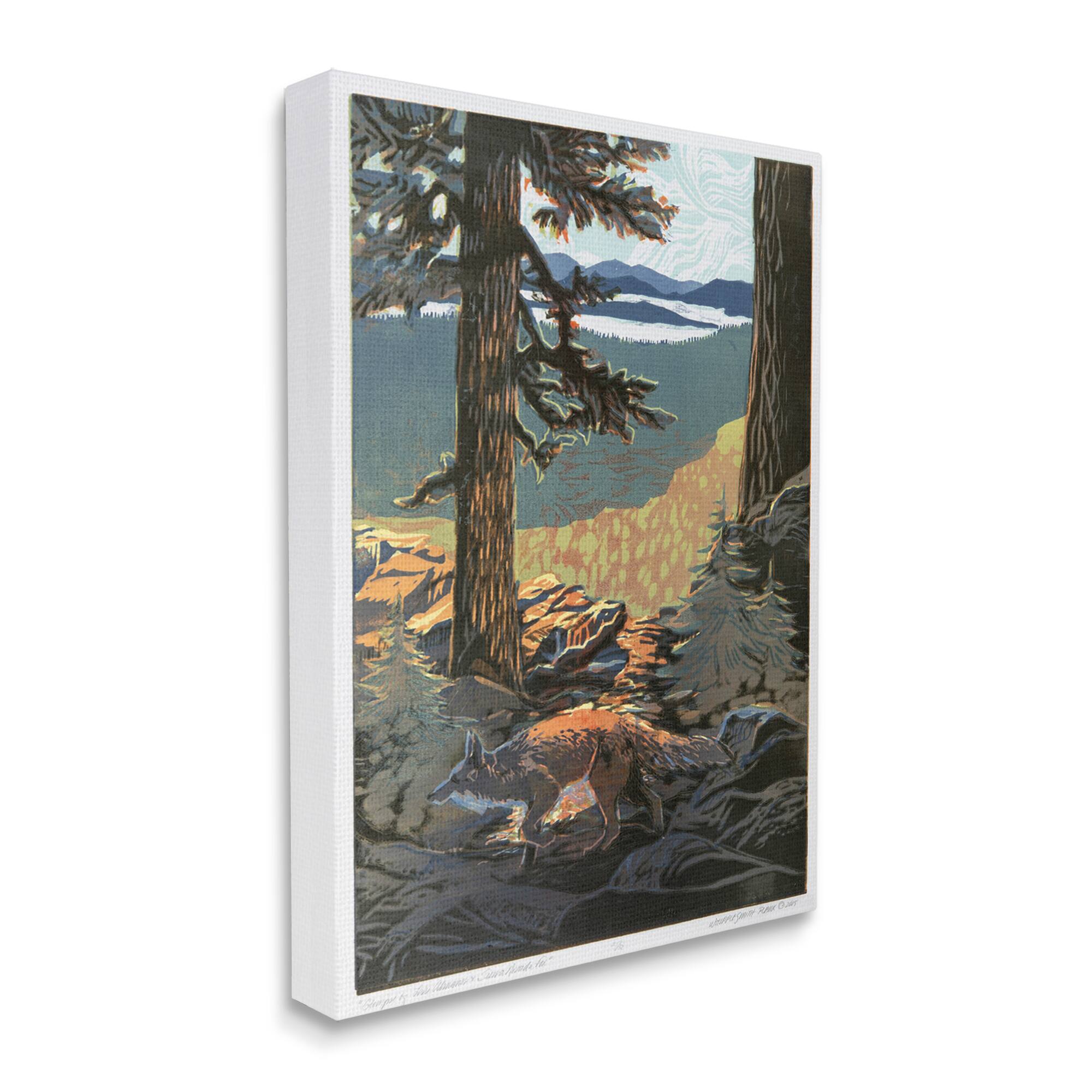 Stupell Industries Red Fox Woodland Forest Prowl Trees Distant Mountains Canvas Wall Art